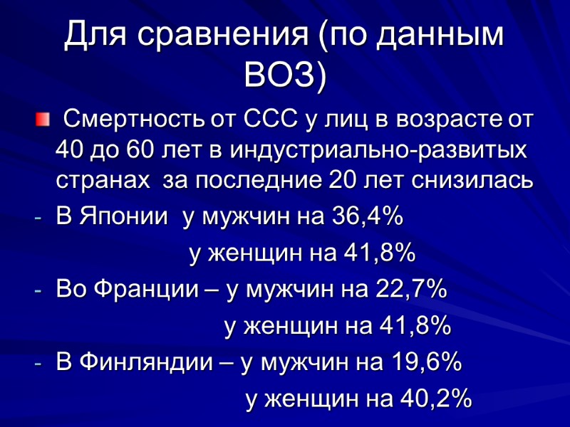 Для сравнения (по данным ВОЗ)  Смертность от ССС у лиц в возрасте от